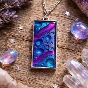 Galaxy Resin Rectangle Pendant Necklace in Blue & Purple